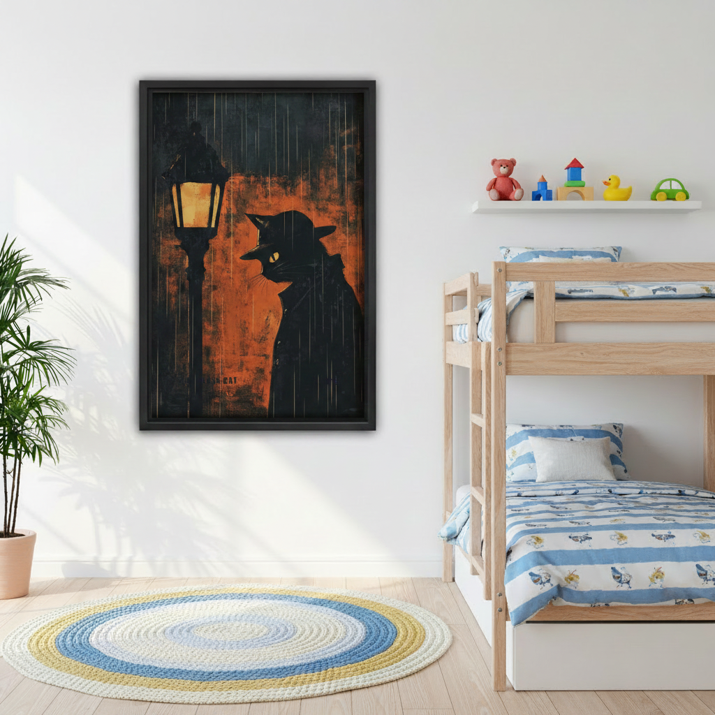 Noir detective cat framed wall art in kids room — vintage black cat street lamp canvas print