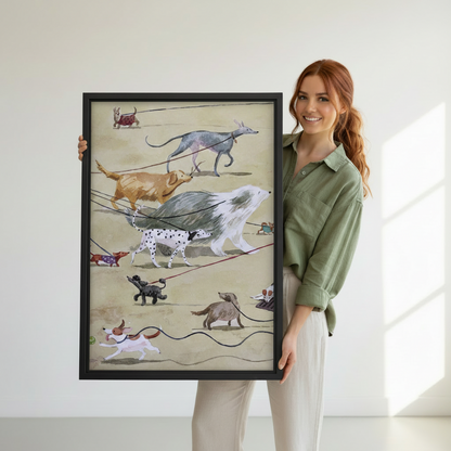 Woman holding large framed vintage watercolor dogs on leash whimsical canvas wall art — dog lover home decor