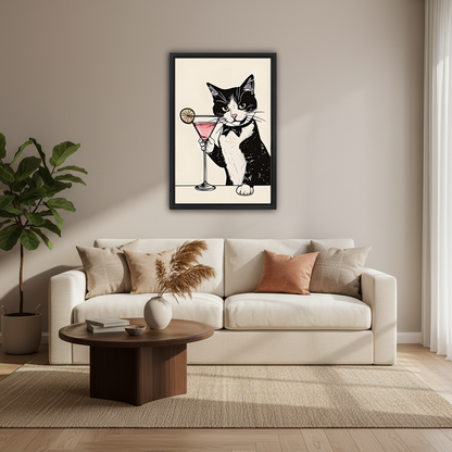 Funny tuxedo cat martini line art framed wall art above cream sofa with fiddle leaf fig plant in modern living room