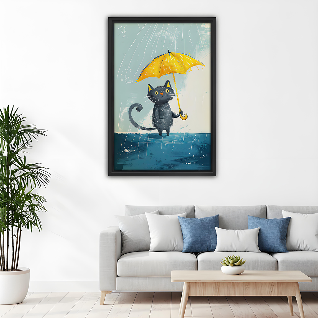 Black cat with yellow umbrella illustration framed print above sofa, colorful whimsical living room wall art

