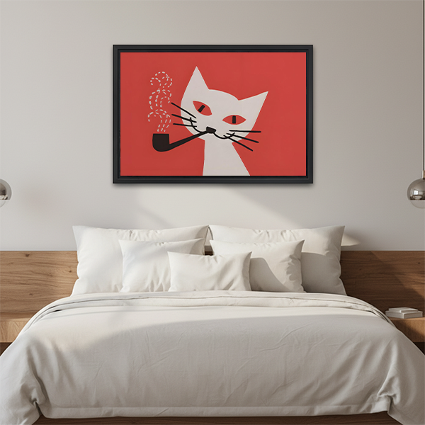 Mid-century modern cat smoking pipe minimalist framed wall art in black frame above wooden bed with white bedding in modern bedroom