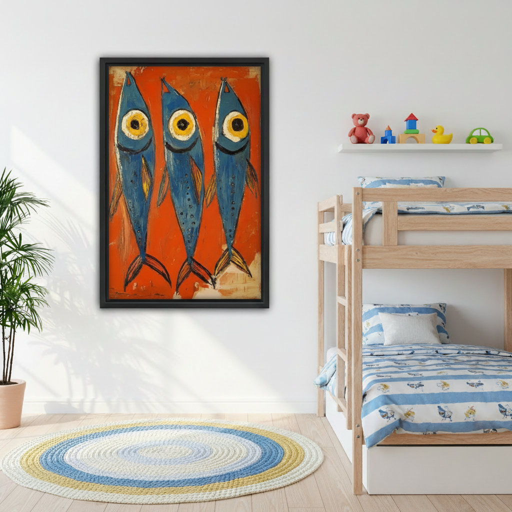 Whimsical blue fish framed canvas print in kids bedroom, fun orange wall art for children's room