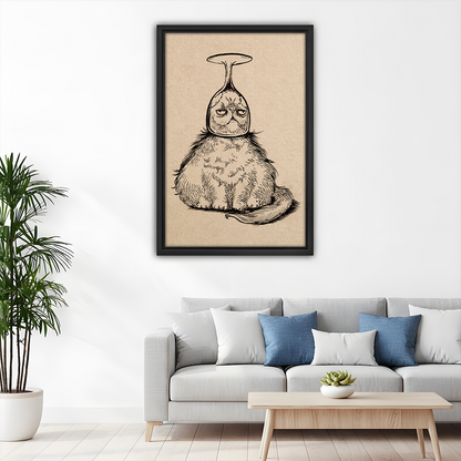 Funny grumpy cat wine glass wall art above sofa, vintage sketch print for living room
