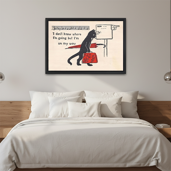 Black cat on my way framed canvas print above bed – vintage funny wall art for bedroom
