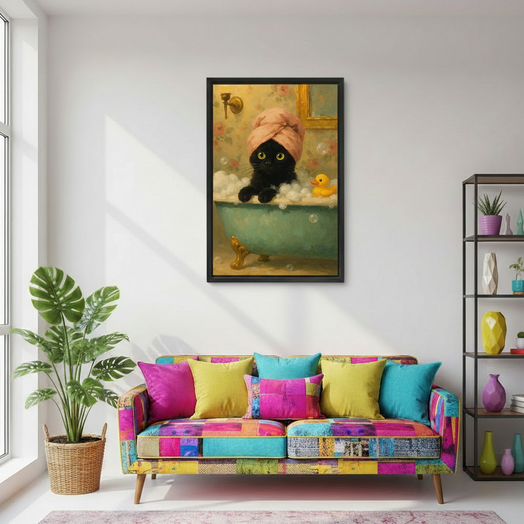 Funny black cat in bathtub with towel on head framed art print, black frame, vintage floral oil painting style with rubber duck, hung above a colorful patchwork sofa in a vibrant eclectic living room with monstera plant