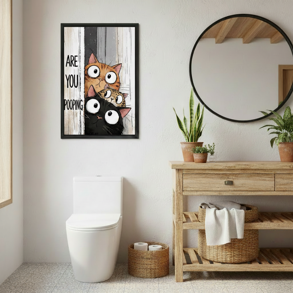 Funny Cat Bathroom Wall Art Framed Print l2004