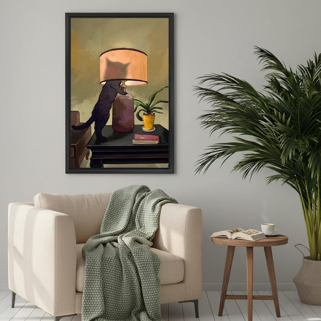 Vintage black cat lamp framed art print above cozy beige armchair in neutral living room