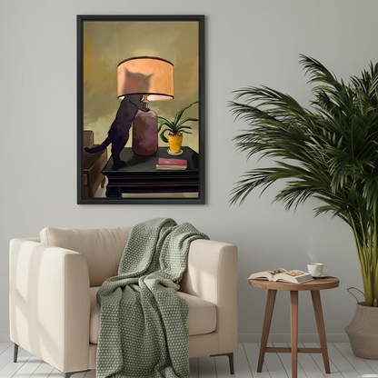 Vintage black cat lamp framed art print above cozy beige armchair in neutral living room