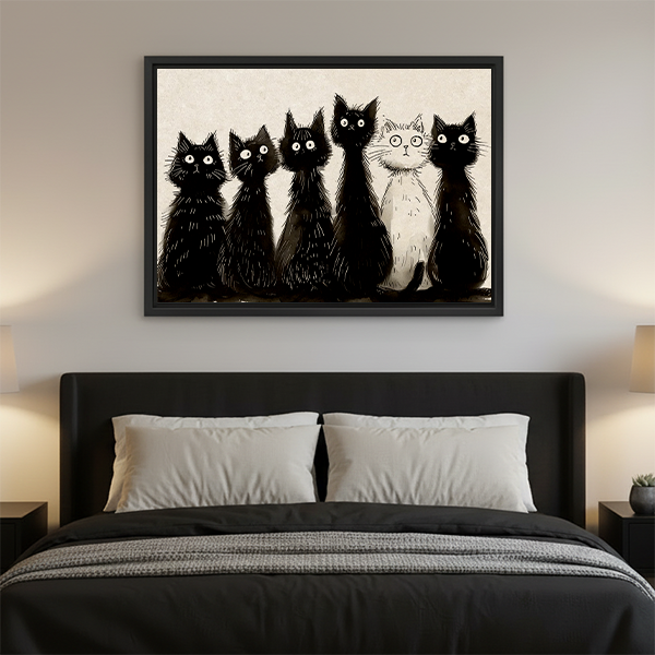 Black and white cats sketch minimalist wall art print above bed bedroom decor
