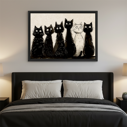 Black and white cats sketch minimalist wall art print above bed bedroom decor
