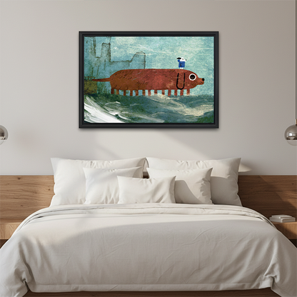 Giant dachshund city surreal expressive oil painting framed canvas art in black frame above wooden bed with white bedding and pendant lights
