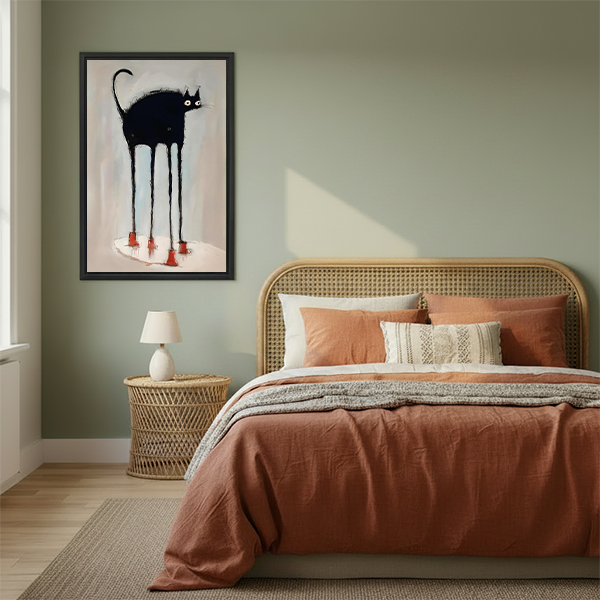 Funny black cat long legs red boots sketch framed canvas art in black frame above rattan bed with terracotta bedding in boho bedroom