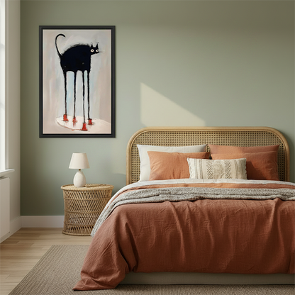 Funny black cat long legs red boots sketch framed canvas art in black frame above rattan bed with terracotta bedding in boho bedroom