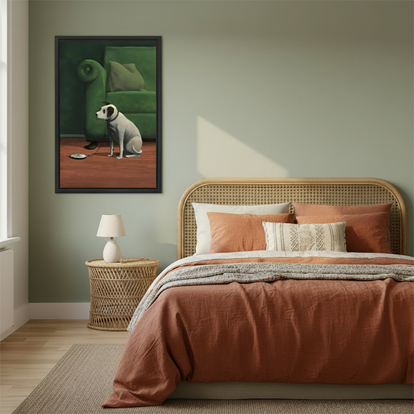 Framed dog canvas art print on sage green bedroom wall above a rattan bed headboard