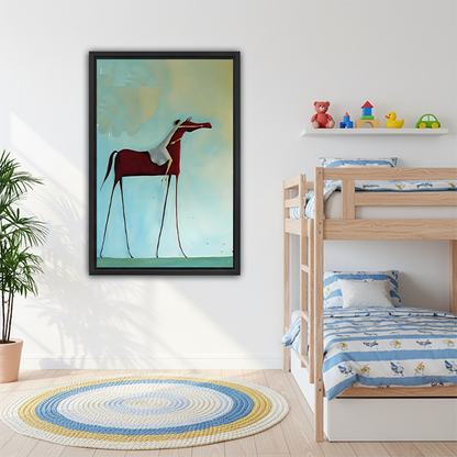 Surrealist horse canvas art in kids bedroom — whimsical wall decor for children
