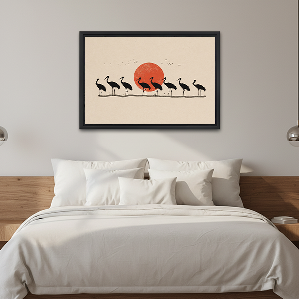 Zen Crane Silhouette Red Sun Framed Art Print Bedroom Wall Decor above Bed