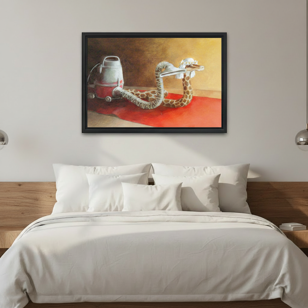 Framed surrealist snake vacuum cleaner canvas wall art above bed, funny animal oil painting style bedroom decor print