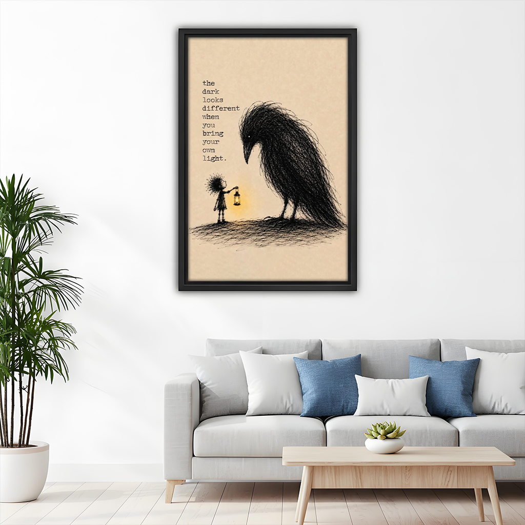 Motivational girl with lantern dark creature framed art print above sofa, inspirational living room wall decor