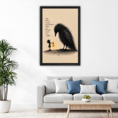 Motivational girl with lantern dark creature framed art print above sofa, inspirational living room wall decor