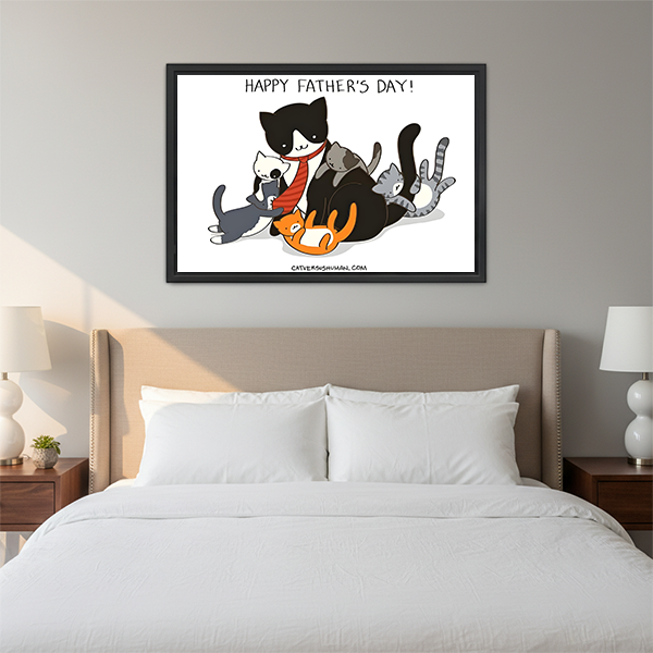 Happy Father's Day funny cat family framed canvas art with black and white dad cat and kittens hung on grey wall above white bed with nightstands and globe lamps