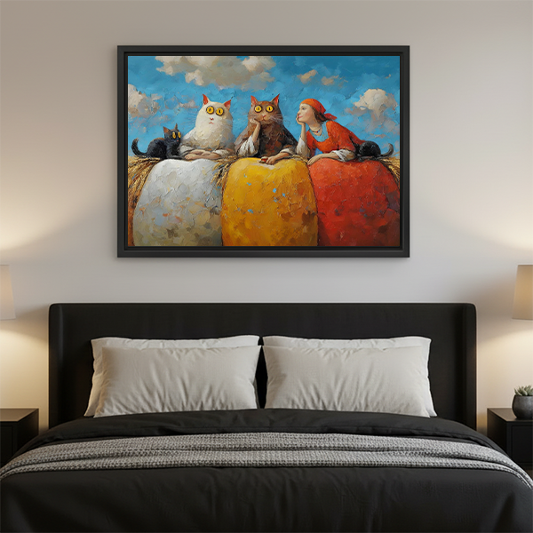 Whimsical cats girl wall art print above bed bedroom decor colorful oil painting style