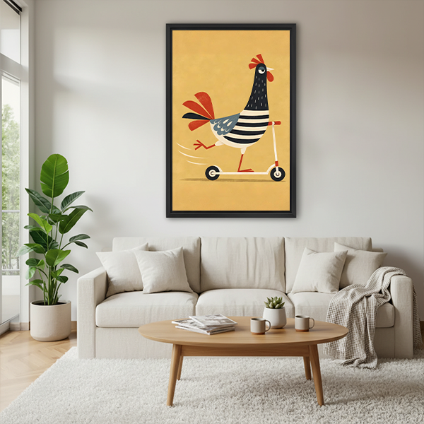 Framed whimsical rooster scooter canvas wall art above a neutral living room sofa