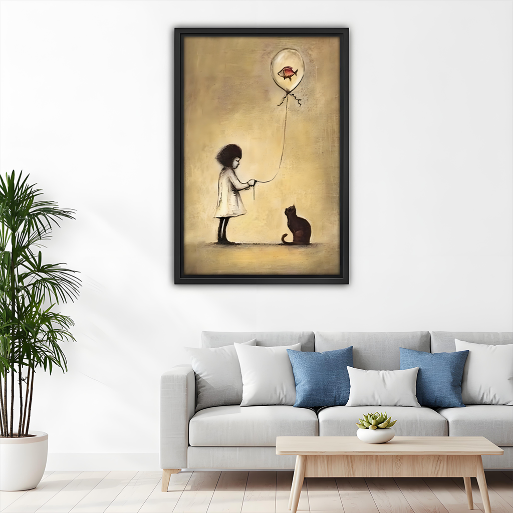 Girl Fish Balloon Black Cat Banksy Style Framed Wall Art Print Above Sofa Living Room