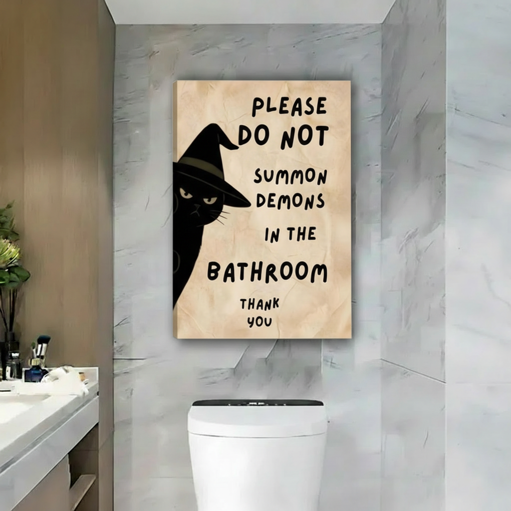 Witch cat do not summon demons bathroom canvas wall art, frameless print, marble bathroom above toilet