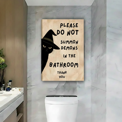 Witch cat do not summon demons bathroom canvas wall art, frameless print, marble bathroom above toilet