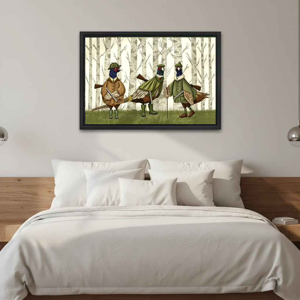 Three pheasants in hunting gear framed canvas above bed, whimsical bird wall art bedroom decor birch forest
