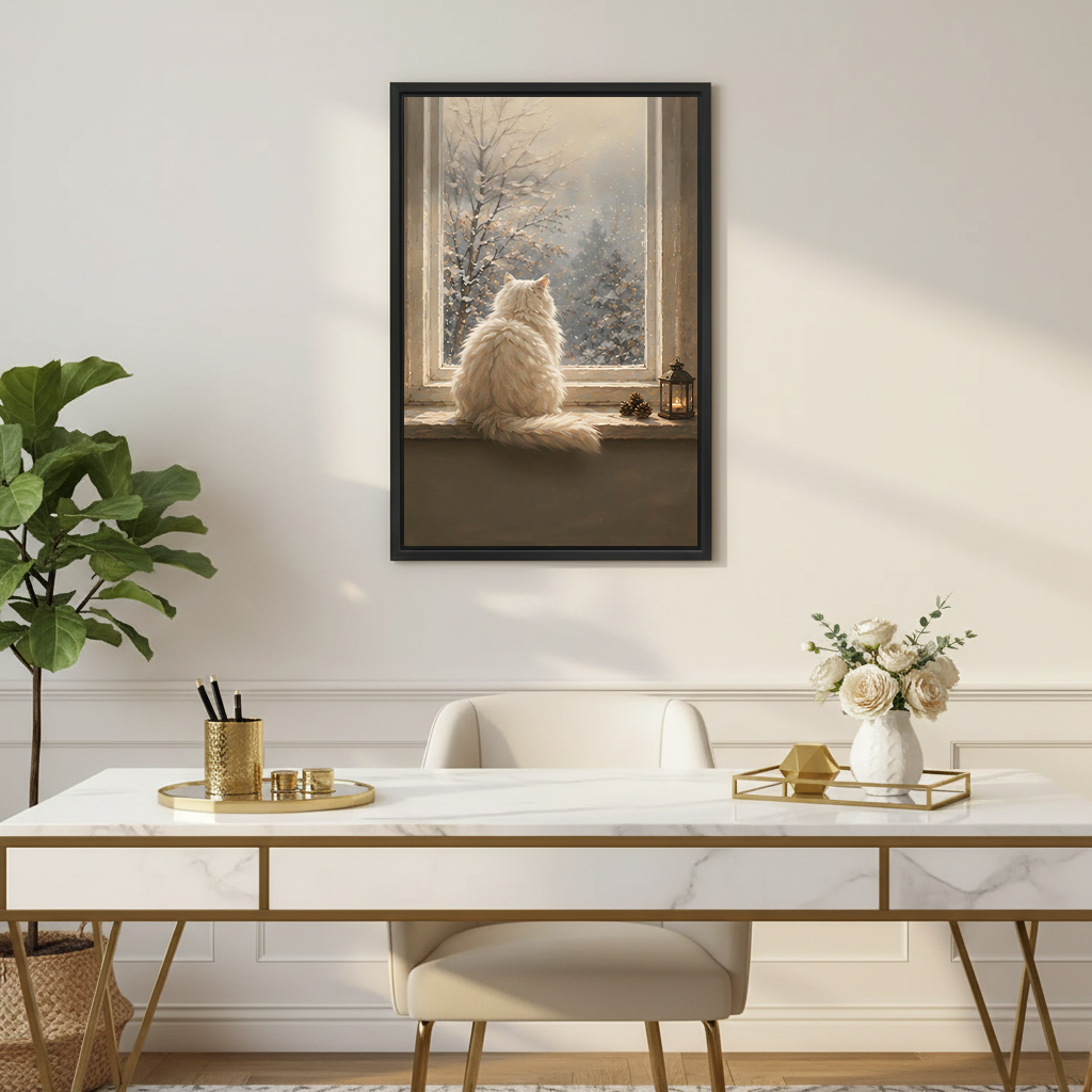 Vintage white cat framed wall art print in elegant home office with marble desk and gold decor