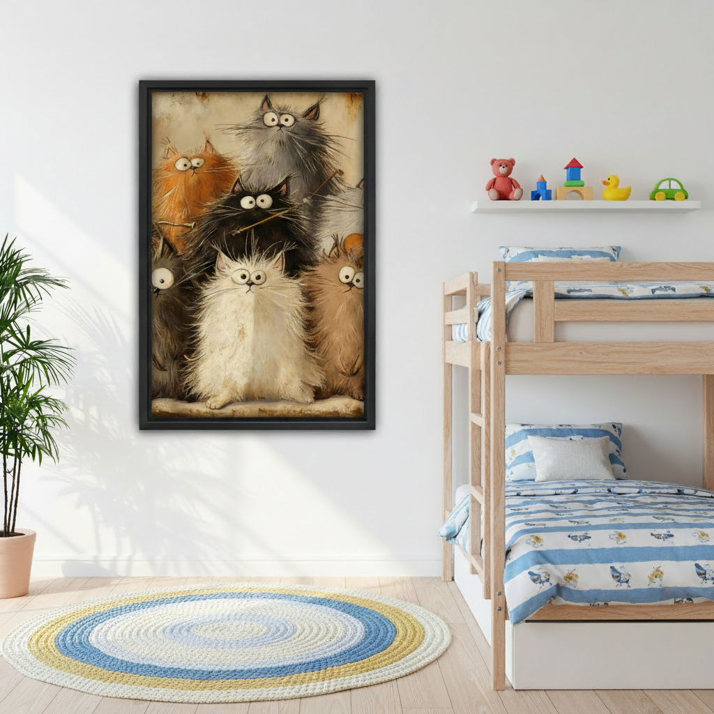 Whimsical fluffy cat gang framed canvas in kids bedroom, funny vintage cat illustration wall art for children's room