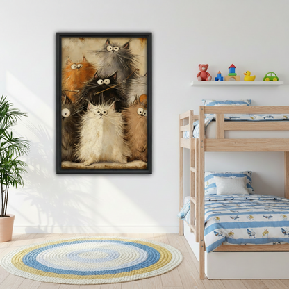 Whimsical fluffy cat gang framed canvas in kids bedroom, funny vintage cat illustration wall art for children's room