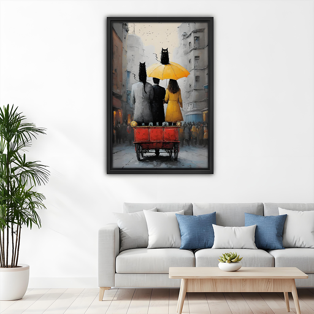 Romantic black cat couple city street oil painting style framed wall art – living room