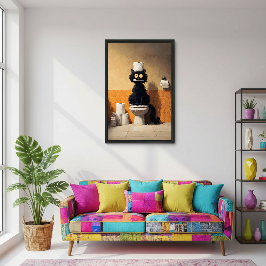 Whimsical black cat toilet canvas art in black frame above colorful patchwork sofa in living room