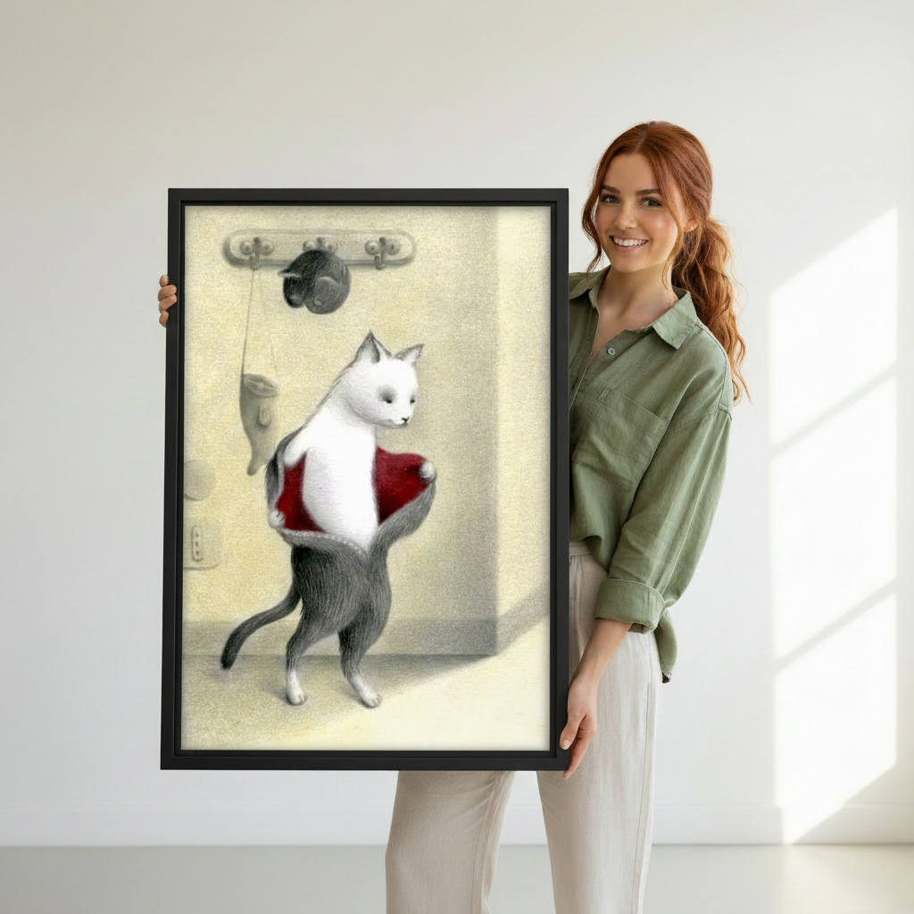 Woman holding large framed funny white cat in red vest illustrated canvas wall art — whimsical cat lover decor