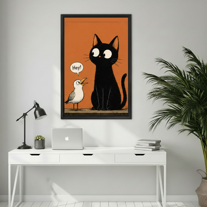 Funny Black Cat Seagull Retro Cartoon Framed Print in Bedroom – Quirky Orange Cat Wall Art for Modern Interiors