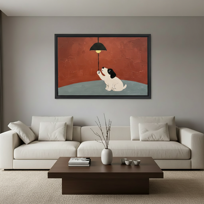Curious Dog Looking Up at Lamp Framed Wall Art – Modern Textured Print for Living Room