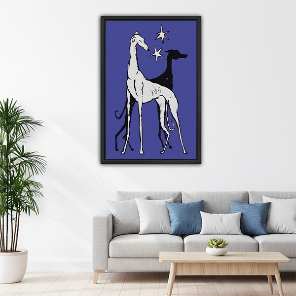 Mid-century greyhound blue canvas print above living room sofa

