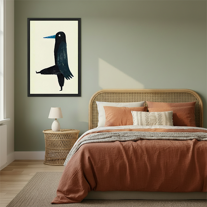 Minimalist black crow blue beak framed canvas art in black frame above rattan bed with terracotta bedding in sage green bedroom