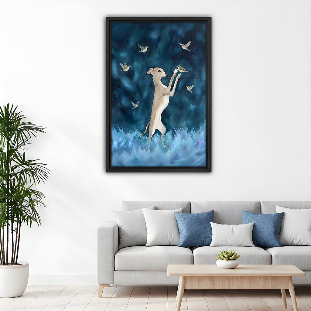 Dreamy greyhound with birds fantasy oil painting framed canvas print above gray sofa – magical dog wall art in Scandinavian living room
