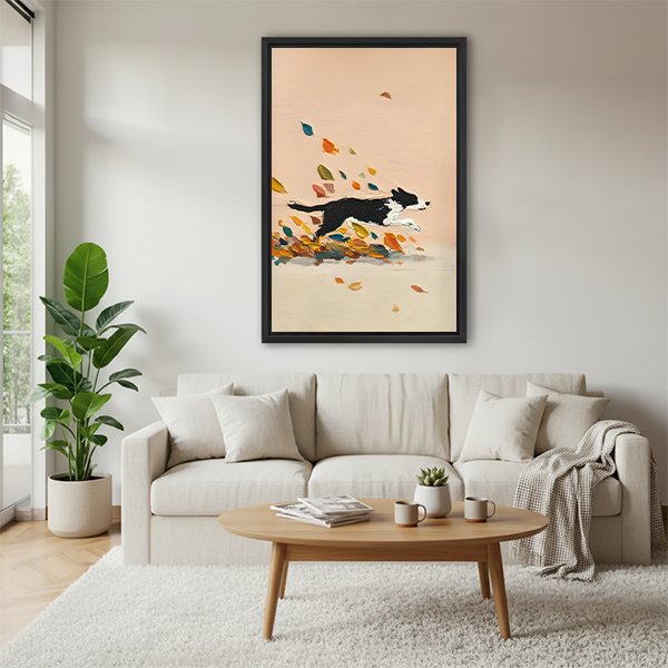 Border collie running through autumn leaves framed canvas print above beige sofa – modern dog wall art for living room
