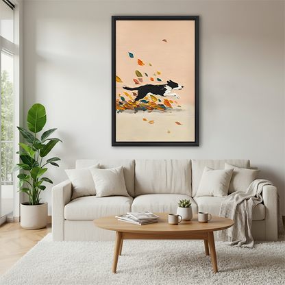 Border collie running through autumn leaves framed canvas print above beige sofa – modern dog wall art for living room