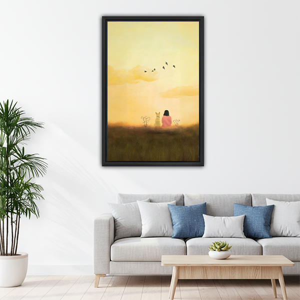 Warm golden sunset girl and dog canvas print above living room sofa
