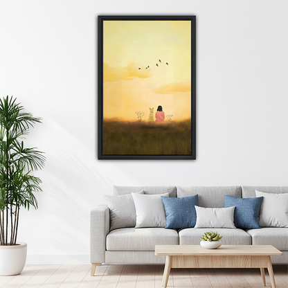 Warm golden sunset girl and dog canvas print above living room sofa
