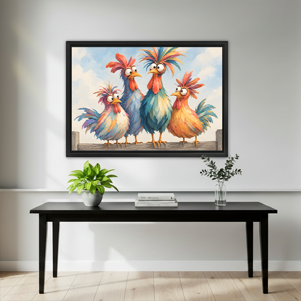 Gallery-wrap whimsical rooster family canvas wall art displayed above a wooden console with vases