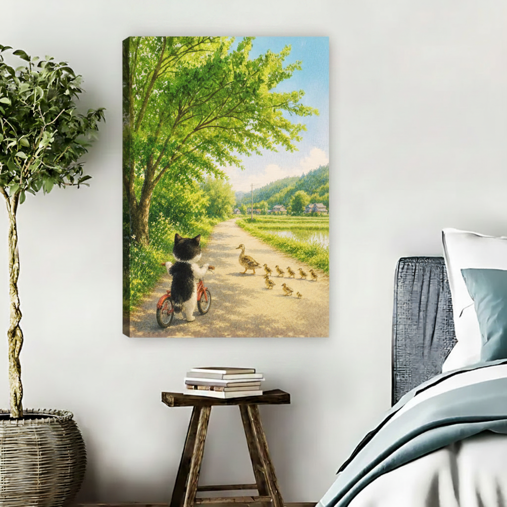 Whimsical cat on bicycle canvas wall art displayed in cozy bedroom with natural wood stool