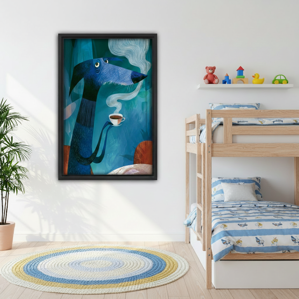 Whimsical dog holding coffee cup framed print in kids bedroom — playful blue dachshund wall art