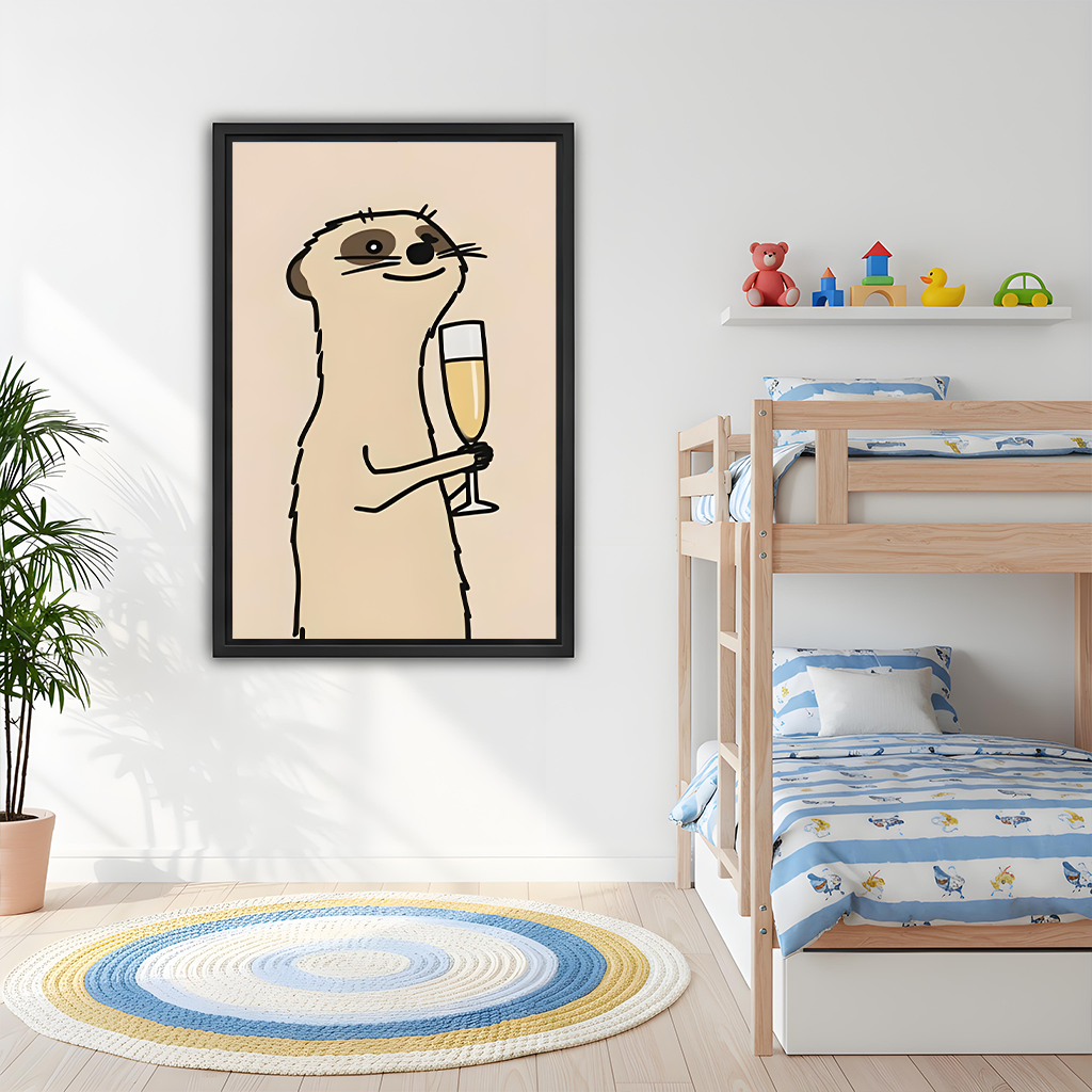 Woman holding large framed meerkat champagne canvas wall art in a bright white room, showing print scale