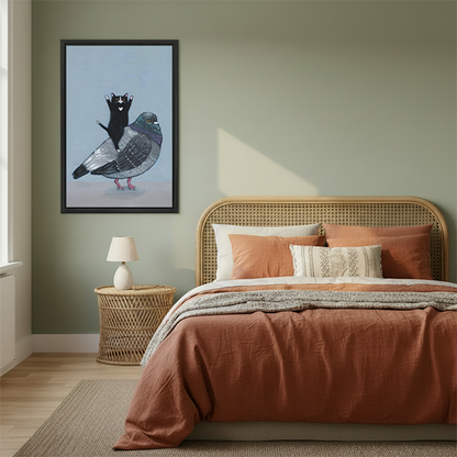 Funny Cat Pigeon Art Print Black Frame Bedroom Wall Decor